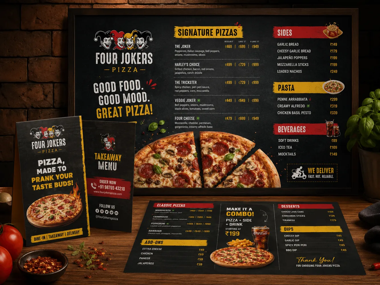 Four Jokers Pizza menu and campaign design
