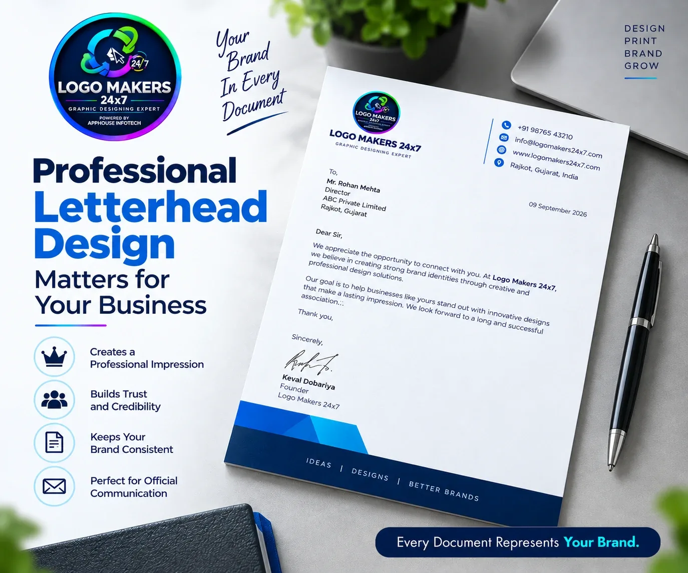 Professional business letterhead design with logo and brand identity